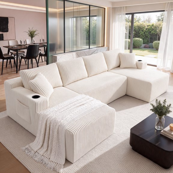 Vanress 124" Modular Sectional Sofa Couch for Living Room, Modern Corduroy U Shaped Boneless Sofa, Deep Seat Cloud Sofas Couches, No Assembly Required, Beige