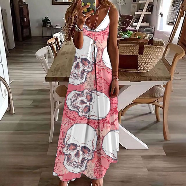 Robe d'Été Grande Taille Mode Assortie à Bretelles Spaghetti Imprimé Crâne pour Femmes
