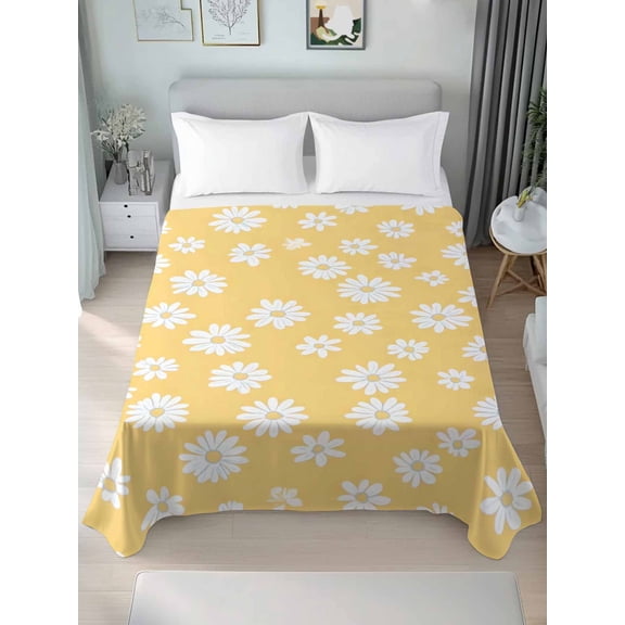 White Yellow Daisy Queen Size Flat Sheet, Wrinkleproof & Fadeproof Cooling Flat Bed Sheet Only, Spring Summer Floral Botanical Breathable Soft Bedding Top Sheets 90 x 102 Inches