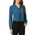 thumbnail image 6 of MODA NOVA Junior's Solid Long Sleeve Pleated Tie Neck Shirt Peacock Blue M, 6 of 7