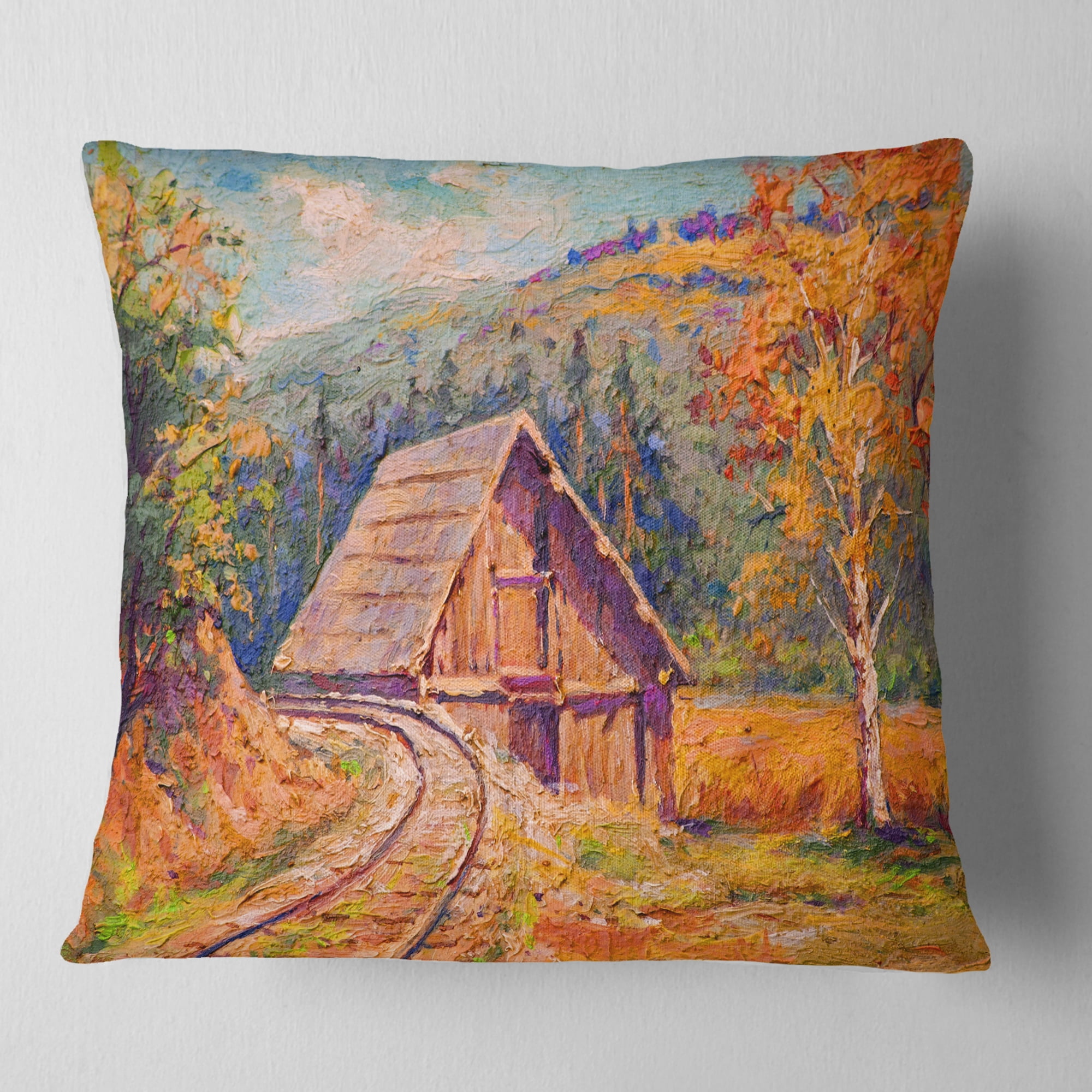 Designart Railway Track in Village - Landscape Printed Throw Pillow - 16x16