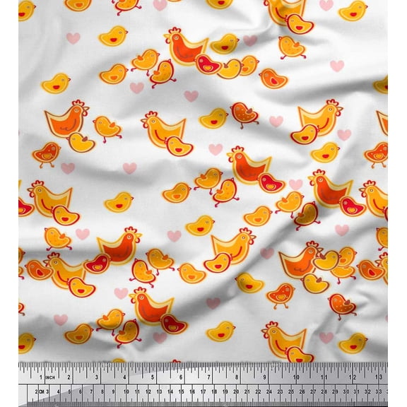 Soimoi Silk Fabric Heart,Hen & Chick Cartoon Print Fabric by Yard 42 Inch Wide