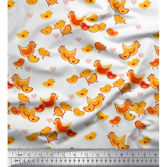 Soimoi Rayon Crepe Fabric Heart,Hen & Chick Cartoon Decor Fabric Printed Yard 46 Inch Wide