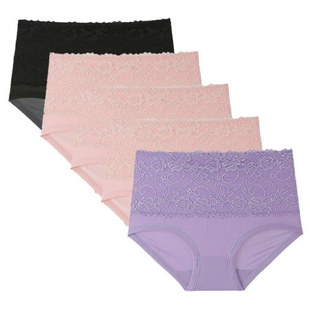 5 Pack Womens Cotton Thongs High-Cut Full Coverage Stretch Cool Underwear High Waisted No Show Panties Underpants Comfort Waist with Lace High Waist Briefs Seamless Thong Plus Size V-Waist Shorts