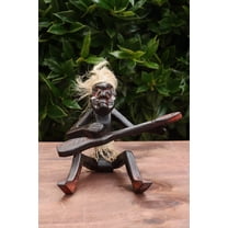 Handmade Wooden Primitive Guitarist Tribal Funny Statue Sculpture Tiki Bar Handcrafted Gift Decor Figurine Hand Carved (Playing Guitar Sitting on Floor)