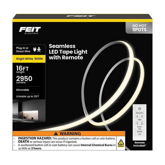 Feit 3014057 LED 16 ft. Plug-In LED Tape Light, Bright White