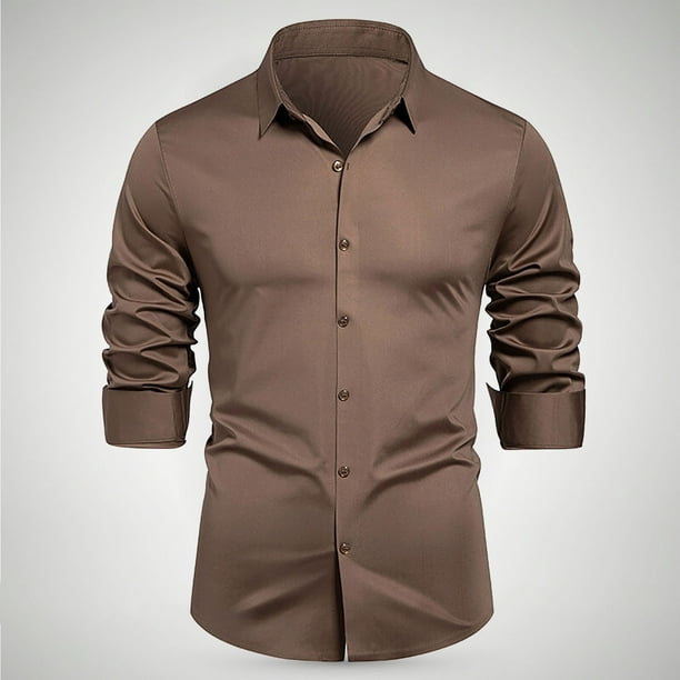 USNSM Men's Long Sleeve Button Up Shirts Solid Color Slim Fit Wrinkle Free  Dress Shirts Casual Business Formal Dress Shirt Brown XXL
