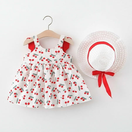 

Herrnalise Baby Toddler Wings Print Dress with hats Colorblock Round Neck Sleeveless Dress for Girls