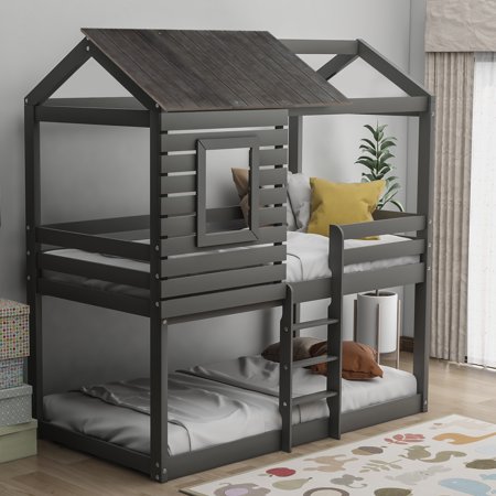 Nestfair Twin over Twin Bunk Bed with Wood Roof