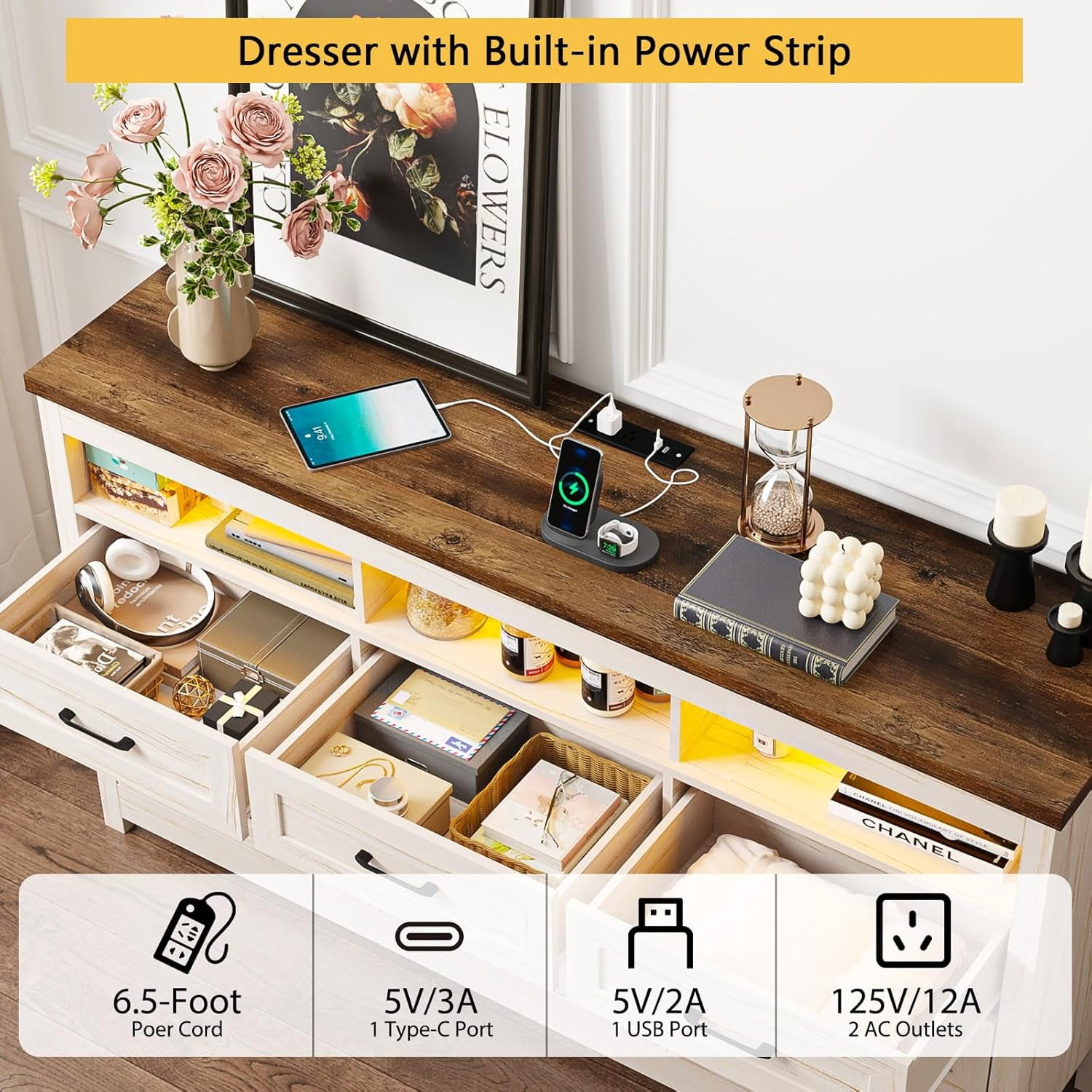 ANPOO Farmhouse 9 Drawers Dresser with LED Lights & Power Outlet, 63" Wide Large Chest of Drawers with Storage Organizer/60000 Colors Light, Modern Wood Dresser for Bedroom, Living Room, Hallway