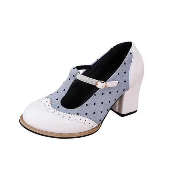 Gpaecead Women's Polka Dot T Strap Mary Jane Pumps Brogue Block Heel Faux Leather Comfort Dress Shoes With Adjustable Buckle For Commute White