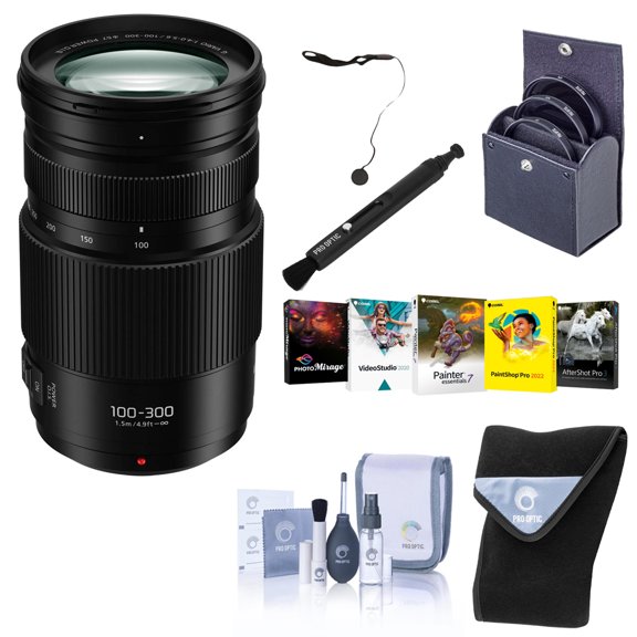 Panasonic LUMIX G II Vario 100-300mm f/4.0-5.6, Mirrorless Micro Four Thirds, Power O.I.S Zoom Lens Bundle with Filter Kit   Lens Wrap   PC Software Kit   Cleaning Kit, Pen   Cap Tether