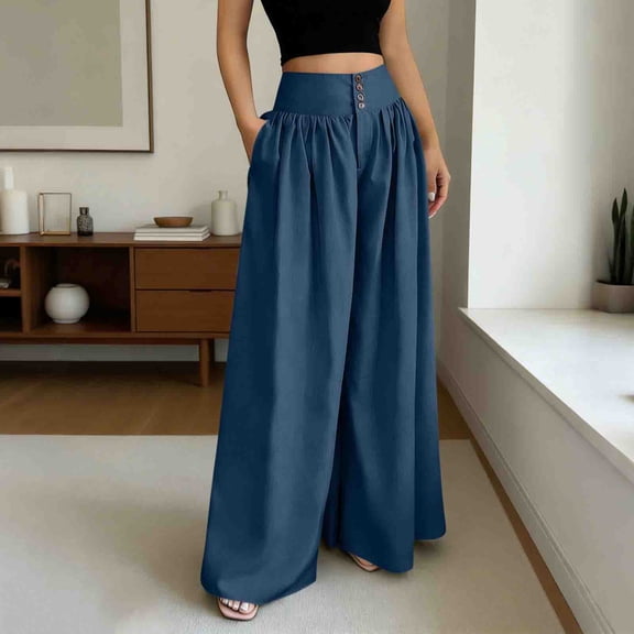 Women's High Waist Wide Leg Trousers Button Pleated Formal Office flowy Pants with pockets Navy L
