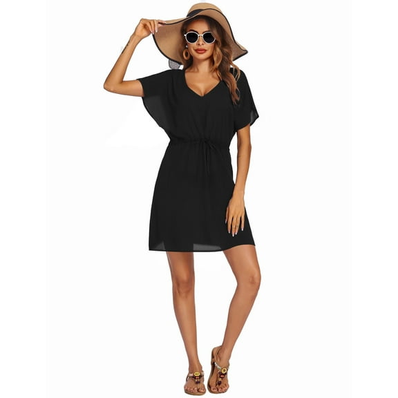 Ekouaer Women's Cover Ups Casual Swimsuit Coverups Flowy Tie Waist Beach Cover Up Dress(Black, Medium) M Black