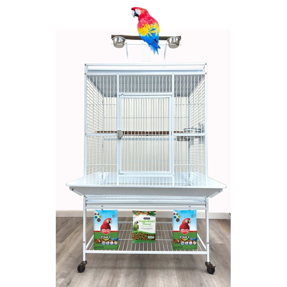 32"Lx23"Wx69"H X-LARGE Deluxe and Durable Wrought Iron Double Ladders Open Play Top Bird Parrot Rolling Cage, Include Stainless Feed Cups Natural Wooden Stand Perch Seed Guard