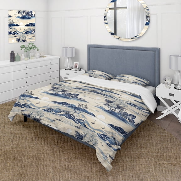 Designart "Coastal Calm I" Blue Boho Bedding Covert Set - Bohemian & Eclectic Bed Set With 1 Sham
