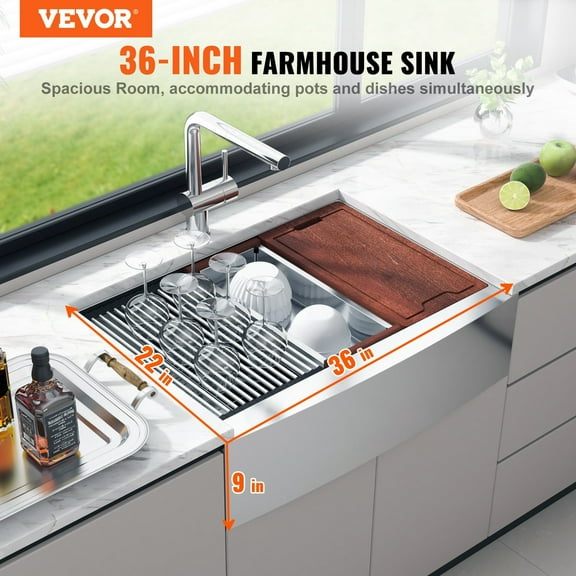 Farmhouse Kitchen Sink, 36 inch Single Bowl 304 Stainless Steel Drop-In Sink with Ledge, Accessories & Workstation | For Prep Kitchen, Bar, and Dishwasher Use