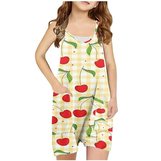 Odeerbi 5-13 Años Niñas Traje de Verano Plaid Fresa Impresión Camisola Romper Respirable Cómodo Suspender Overalls Bib Total Shorts Con Bolsillos