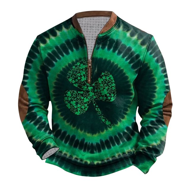 Penkiiy Día de San Patricio de hombre 1/4 Sweatshirt de cuello cremallera Shamrock Camisa irlandesa de manga larga L Multicolor