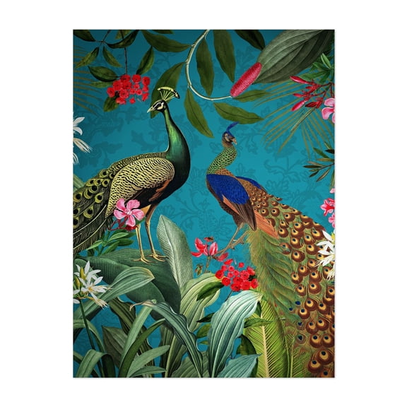 Mystic Vintage Tropical Jungle With Peacocks 1 - Painting Botanical Tropical Floral Wildlife Illustration Garden Unframed Wall Art Print 5 x 7 inches