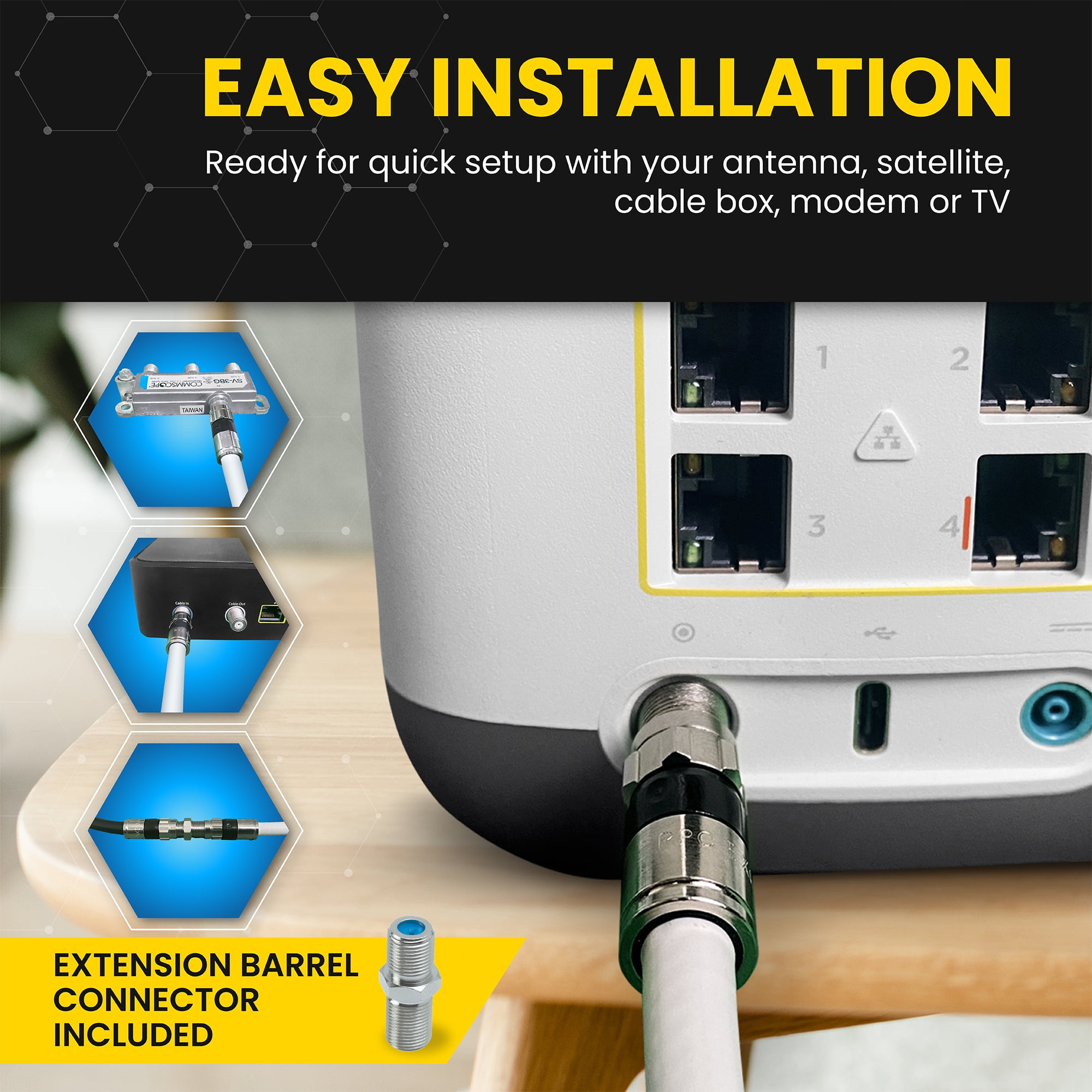 RG6 Coaxial Cable with F Connectors, High Speed Internet and TV Cord for HD TV, Xfinity, Satellite, Antenna, Cable Extension, WiFi Modem Cable (White, 10ft)