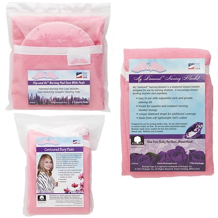 NuAngel Flip & Go Nursing Pad Case with Nursing Blanket & Contoured Burp Pad Set Pink