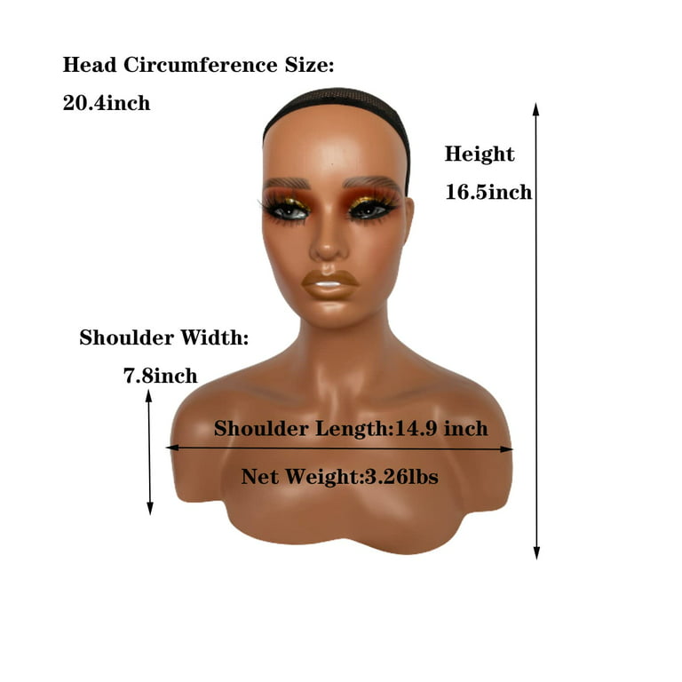 Realistic Female Mannequin Head with Shoulder Manikin PVC Head Bust Wig  Head Stand with Makeup for Wigs Necklace Earrings Light Brown