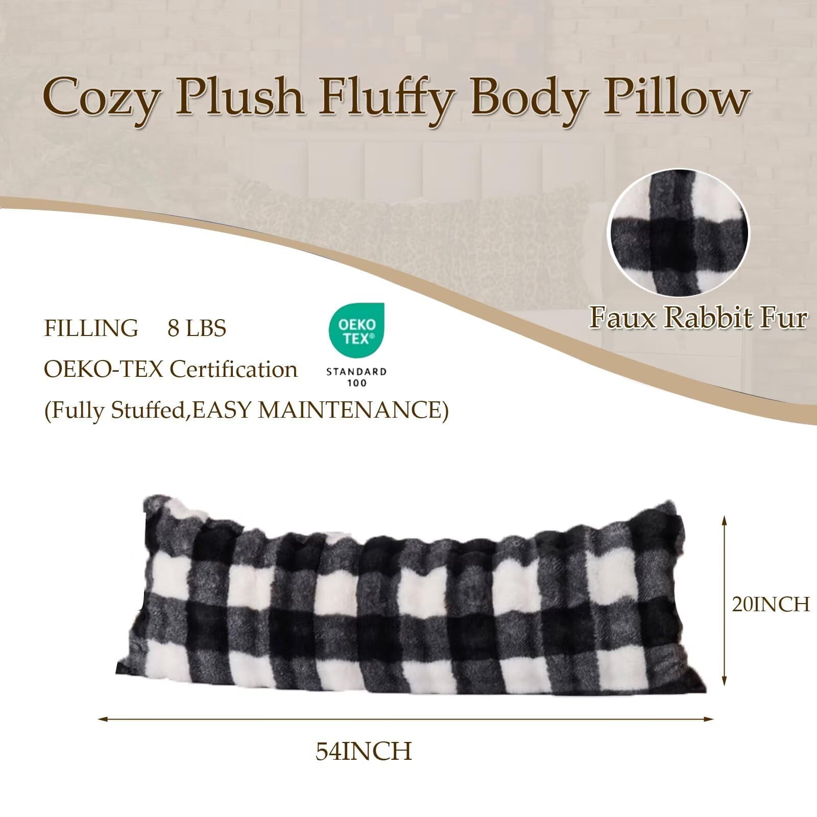 Luxury Shaggy Faux Fur Body Pillow,Fluffy Bed Pillow with Zipper Closure,Soft Decorative Plush Full Long Pillows,Fuzzy Hug Pillow for Living Room Side Sleeper & Pregnancy 20"x54" Print in Black/White