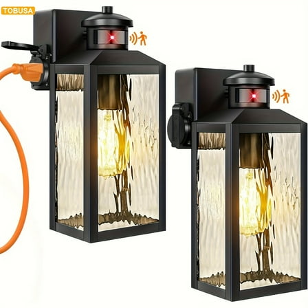 2pcs MetroTek Motion Sensor Porch Lights With Outlets, Black Dusk To Dawn Outdoor Lighting, 3 Lighting Modes Exterior Light Fixtures With Water Rippled Glass, Outside Wall Lanterns For Hotel