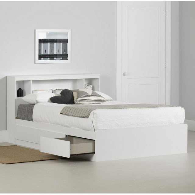 Ensemble lit avec tête de lit bibliothèque Double, fini Blanc solide, collection Reevo de Meubles South Shore