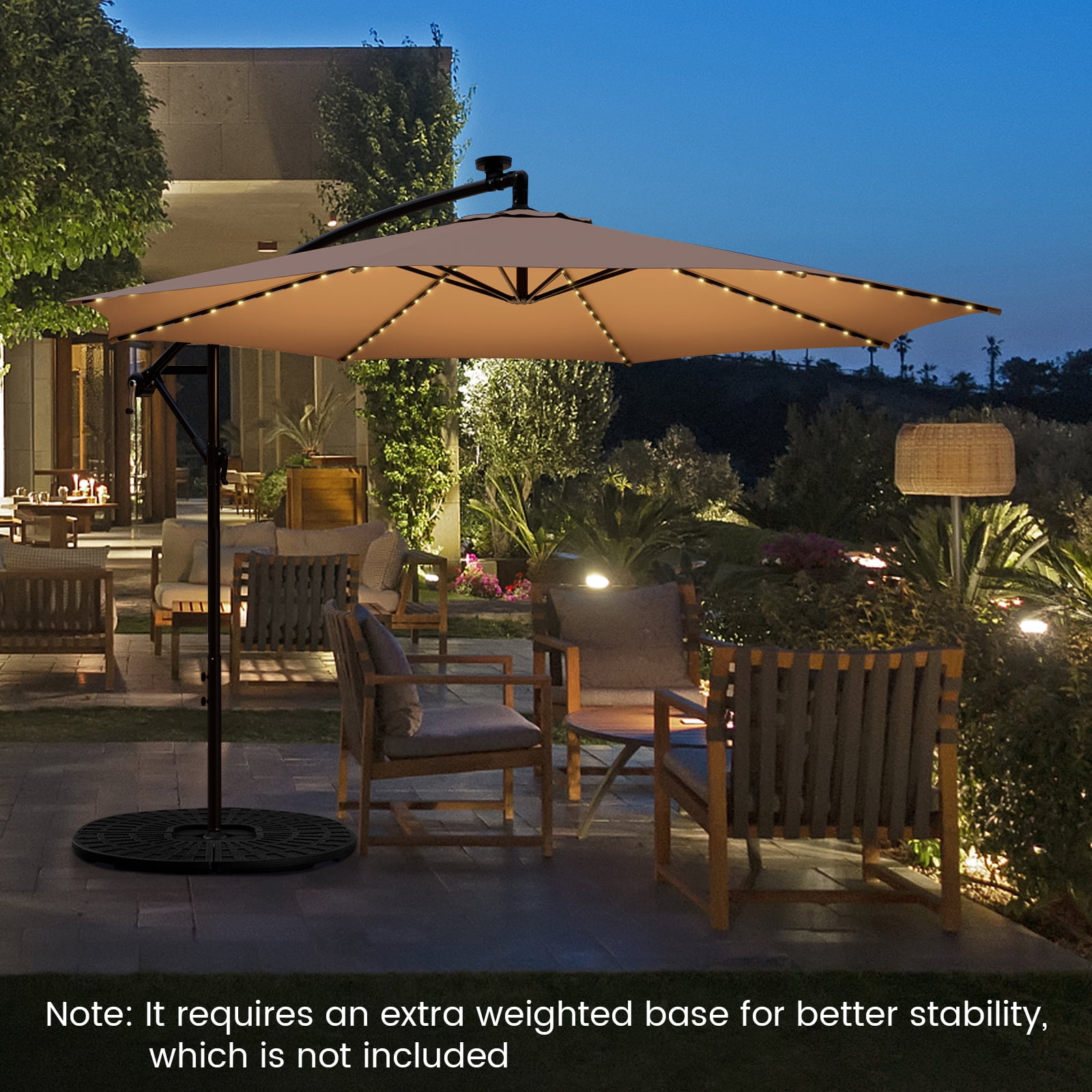 Topbuy 10FT Solar Offset Umbrella Tilted Cantilever Umbrella with 112 LED Lights Lighted Patio Sun Shade with Crank Handle Beige