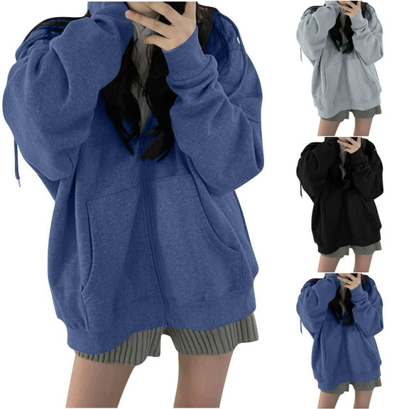 FRSASU Women's Full Zip up Hoodie Jacket Solid Color Long Sleeve Casual Outwear with Pockets Gray