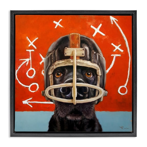 Stupell Industries Dog in Football Helmet Sports Plays Animals & Insects Painting Black Floater Framed Canvas Art Print Wall Art, 18 x 18
