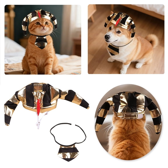 Egyptian Pharaoh Pet Costume Bundle，Hat & Tie Apparel Adjustable Golden Halloween Party Dress Up For Puppy Kitty