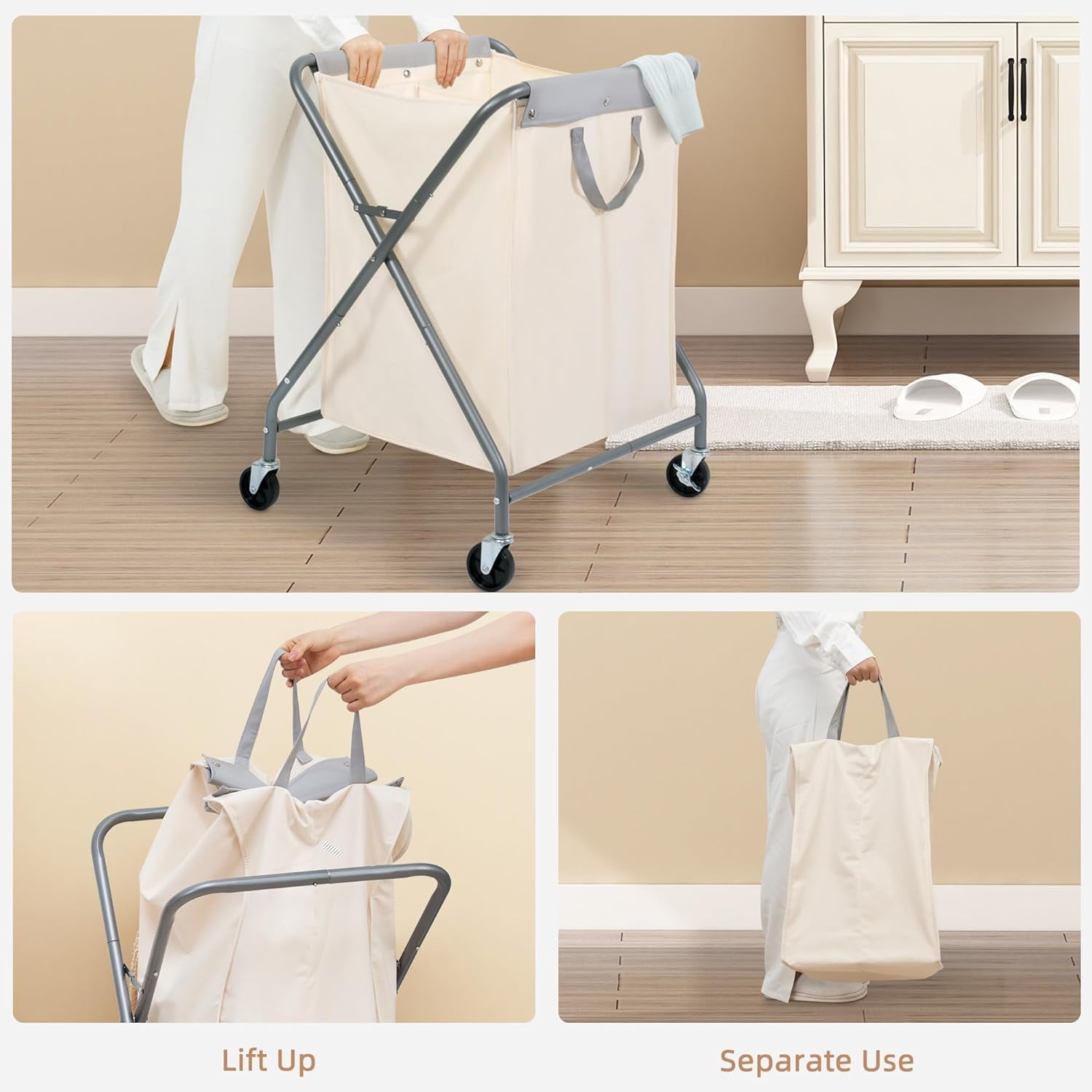 125L Collapsible Laundry Hamper with Wheels, Rolling Laundry Basket, Heavy Duty Cloth Sorter with Removable Bag, Folding X Frame Clothes Organizer Cart for Easy to Store, 2 Section
