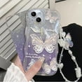 thumbnail image 2 of for iPhone 15 Glitter Butterfly Case for Women, Cute Curly Wave Frame Gradient Bling Sparkle with Lovely Wrist Strap Chain Soft TPU Shockproof Clear Girls Case for iPhone 15 6.1 inch (Blue), 2 of 4