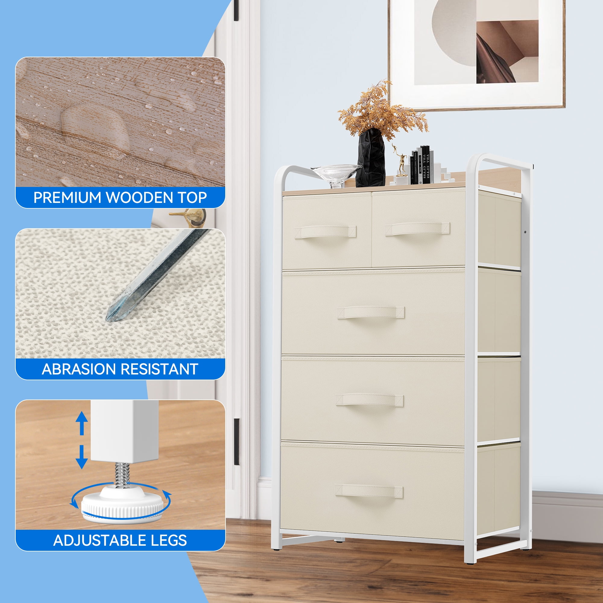 Uforic 5-Drawer Fabric Storage Organizer,Small Versatile Dresser with Steel Frame,Wooden Top & Fabric Handles for Bedroom and Closets