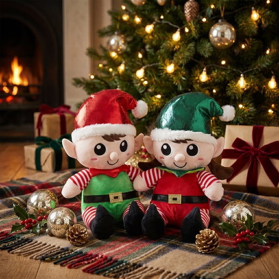 Northlight Plush Sitting Boy and Girl Christmas Elf Figures - 13" - Red and Green - Set of 2