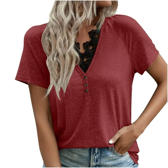 cfhntfmh Womens Tops Trendy Lace Crochet V Neck Button T Shirts Short Sleeve Casual Loose Summer Shirts Blouses