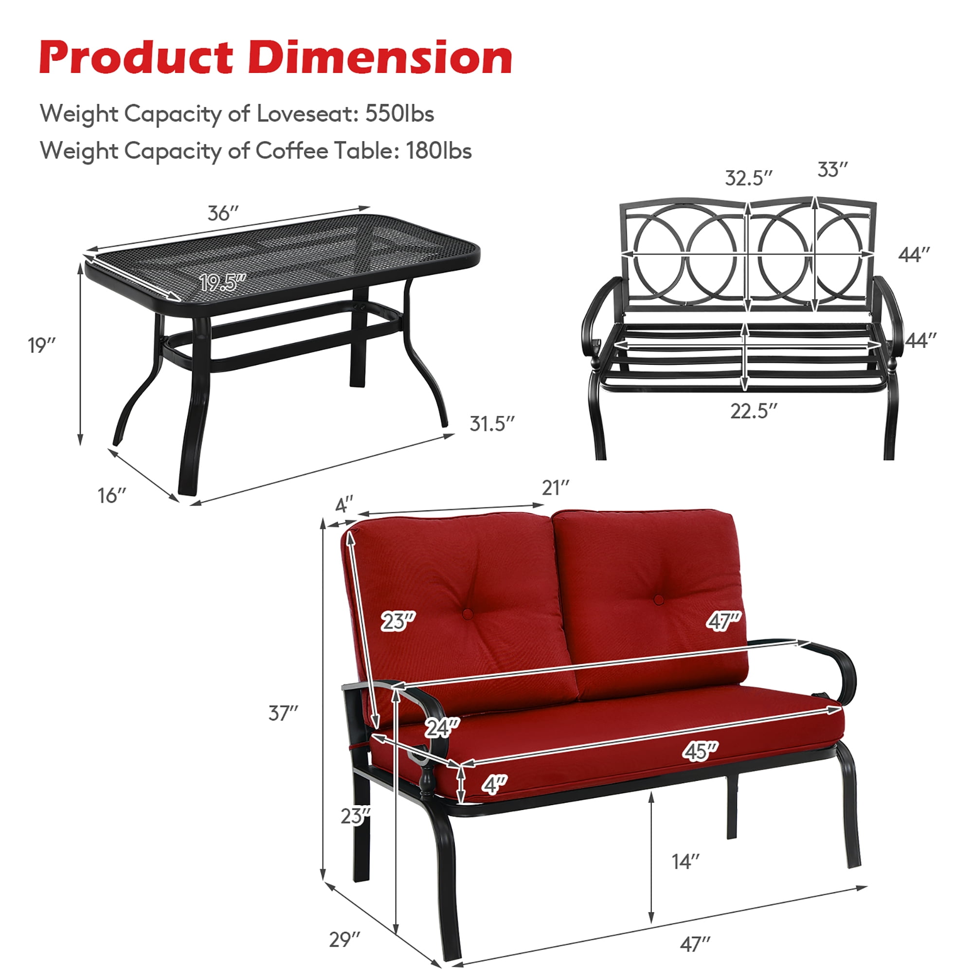 Costway 2PCS Patio Loveseat Bench Table Furniture Set Cushioned Chair Red