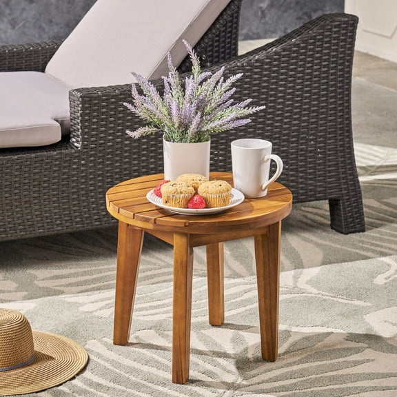 16" Acacia Wood Side Table for Outdoor, Slat Panel Top / Withstand Elements, Ideal for Backyard