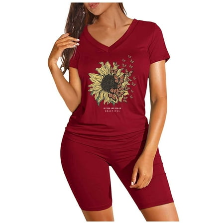 OJSFQUFP Two Piece Casual Sets for Women Red Women Casual Printed V Neck T Shirt Top Elastic Waist Shorts Sports Fitness Yoga Suit Short Matching Clothing Set S