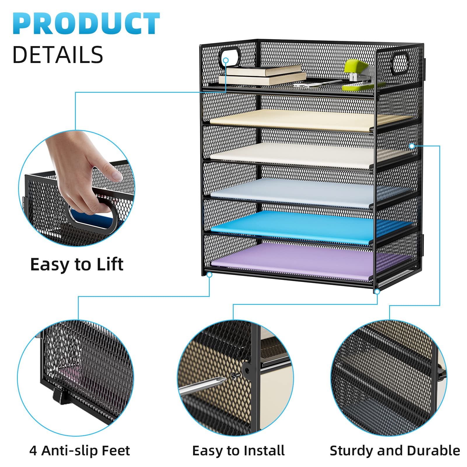 6 Tier Mesh File Organization with Handle,Paper Letter Tray Organizer , Paper Sorter Organizer for Letter/A4 Office Desktop Organization