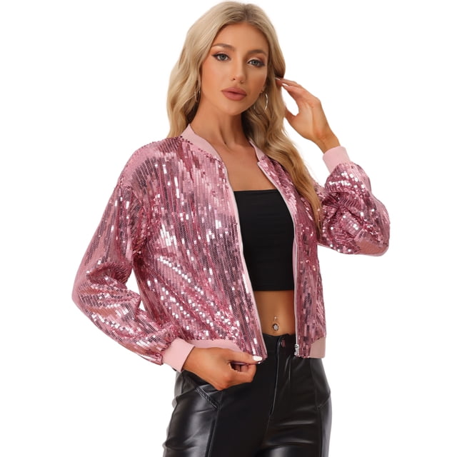 Chaqueta de Bombardero de Lentejuelas Allegra K Para Mujer Rosas M