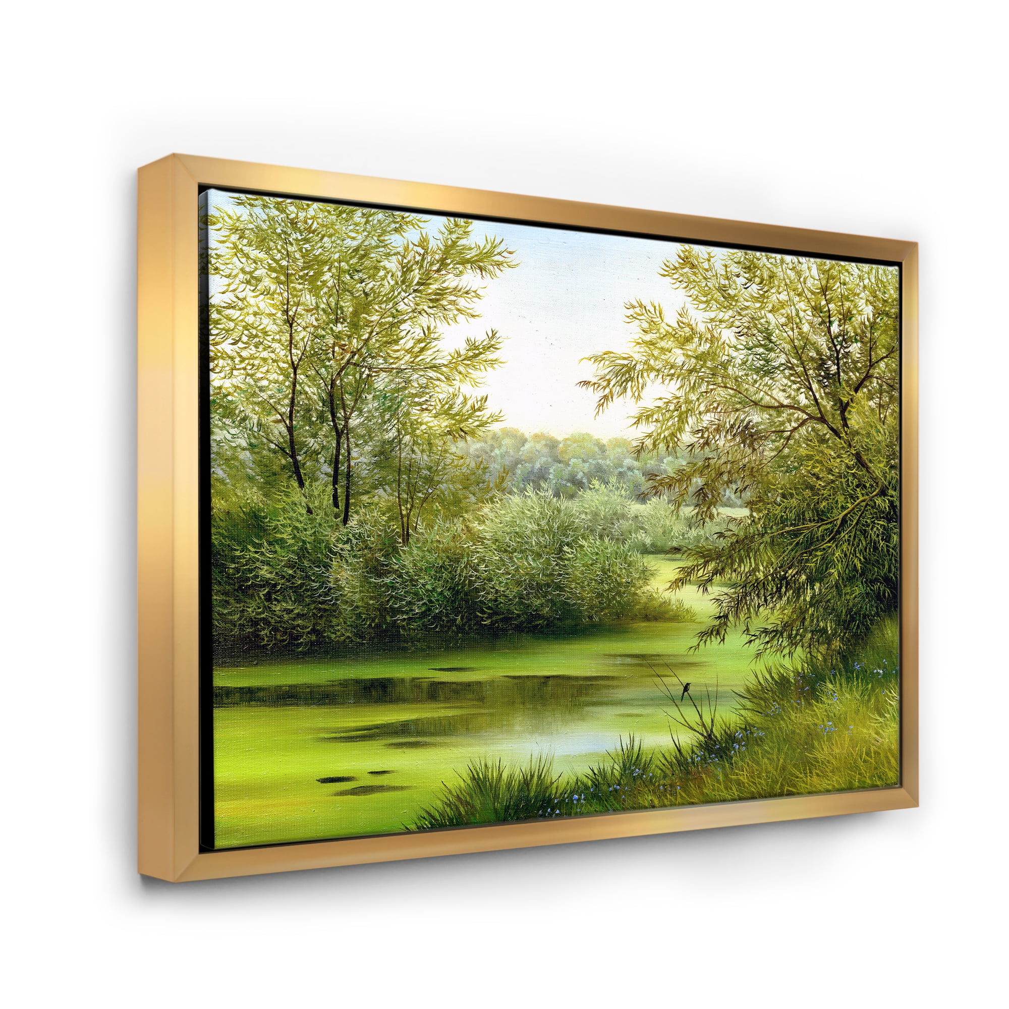 Designart 'Spring Trees With Green Pond' Country Framed Canvas Wall Art Print