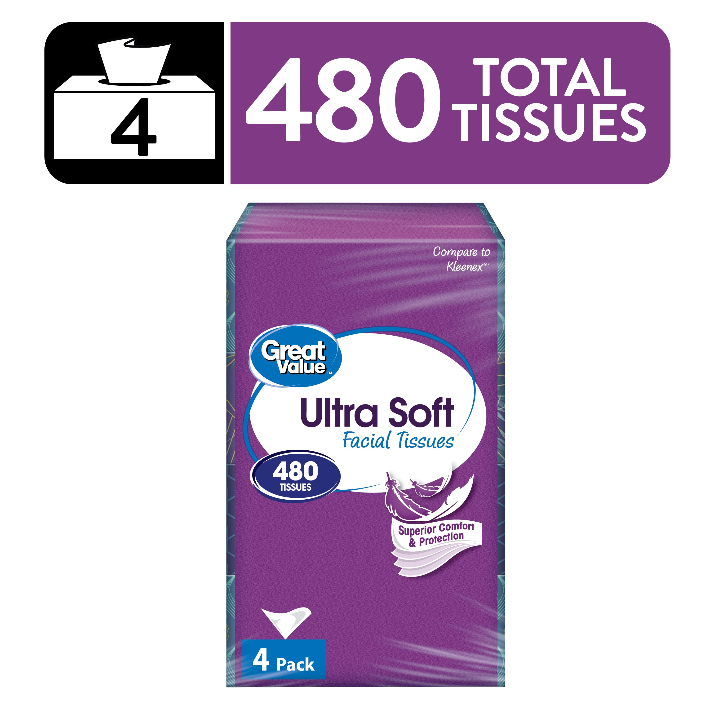 (3 pack) Great Value Ultra Soft Facial Tissues, 4 Flat Cartons, 120 Tissues per Carton, 3-Ply, Compare to Kleenex®