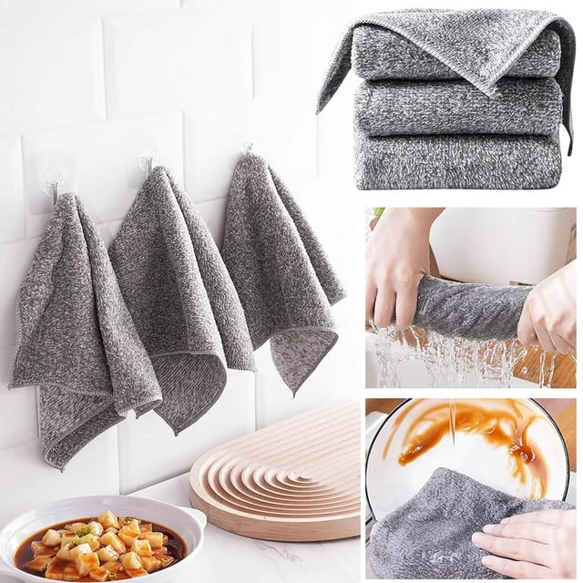 toallas de baño, toallas de cocina, artículos esenciales de viaje, paño de limpieza para la cocina, paño de limpieza de fibra de carbón, no graso y que no suelta pelusa, toalla absorbente para el hoga — paño de fibra de carbón gris doblado y colgado en vista frontal, textura de tejido de alta densidad visible; imágenes secundarias muestran el paño escurriendo agua y limpiando salsa en un tazón; uso multiuso como paño de cocina y toalla absorbente para el hogar, marca FcBaudy.