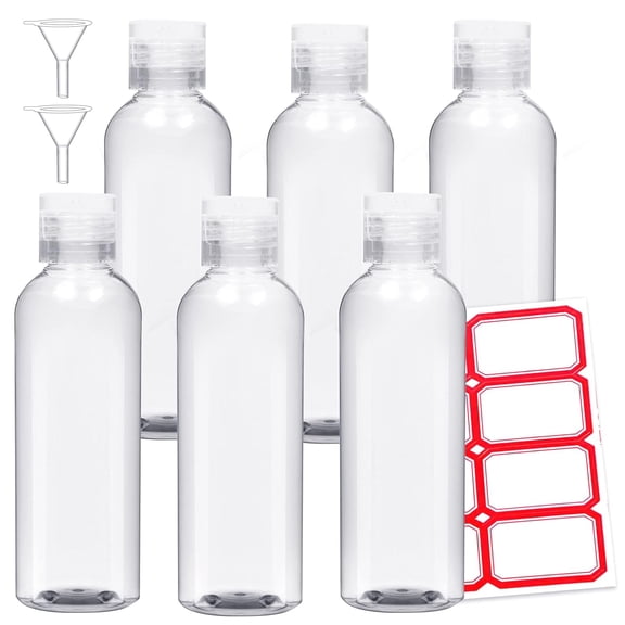 6 Pack Travel Bottles - Travel Containers Toiletries - TSA Approved Size - Refillable Empty Plastic Bottles with 2 Labels, Funnels & Carry - Shampoo, Lotion, Conditioner, Sanitizer - 3. 4oz
