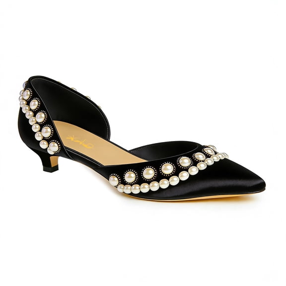 XYD Women Elegant Pearls D'Orsay Pumps Pointed Closed Toe Low Heels Slip-on Kitten Evening Shoes Size 7 Black