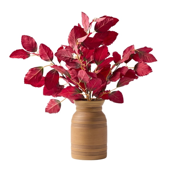 Better Homes and Gardens 19.5"H Artificial Real Touch Burgundy Leaves in 7.38"H Brown Ceramic Vase Made for Tabletops - 1.76 lbs